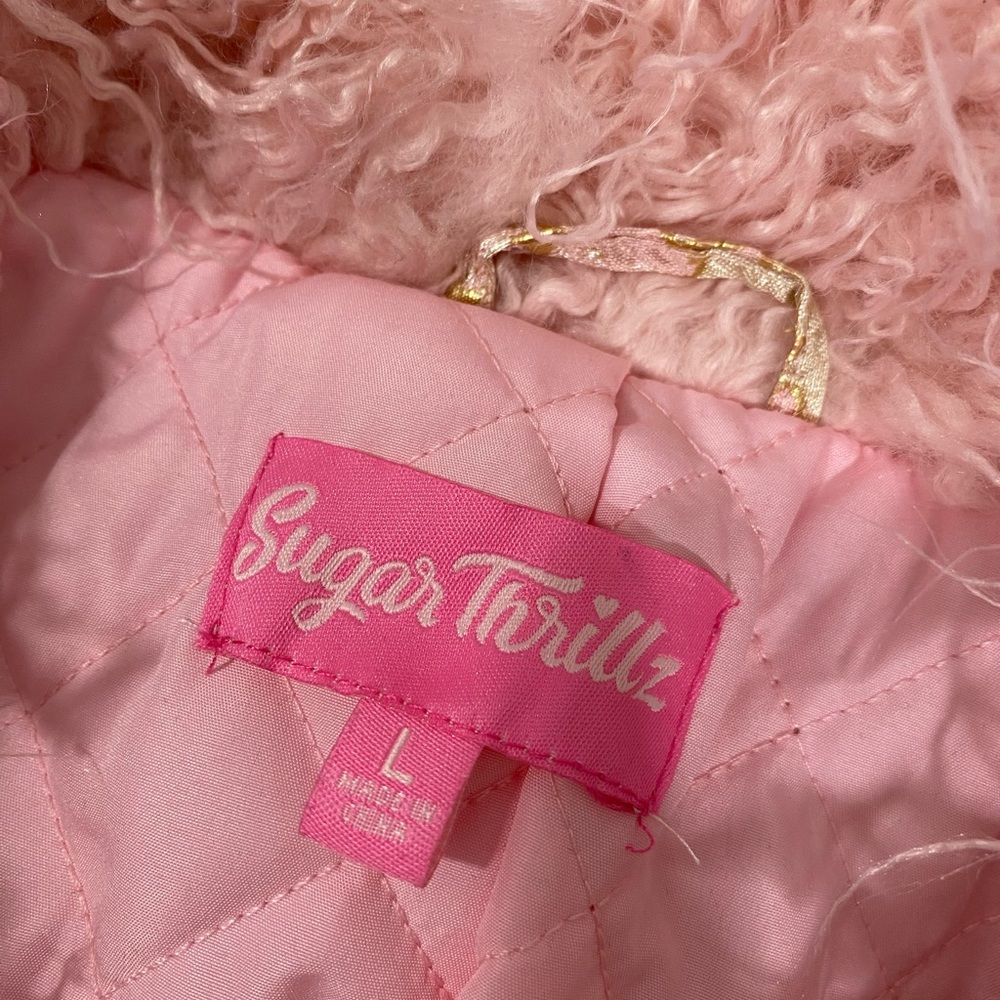 SUGAR THRILLZ High Class Heiress Brocade Coat Jacket Faux Fur Trim Beige Pink L - Picture 7 of 9